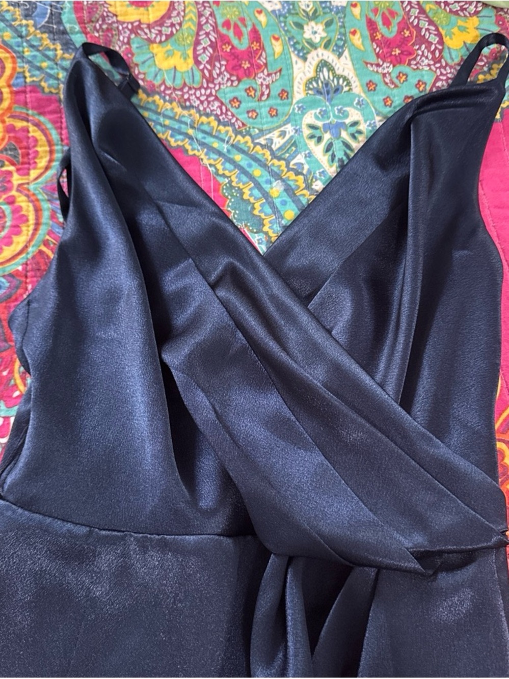 Navy Satin Wrap Dress with Lace Hem - Picture 3 of 6